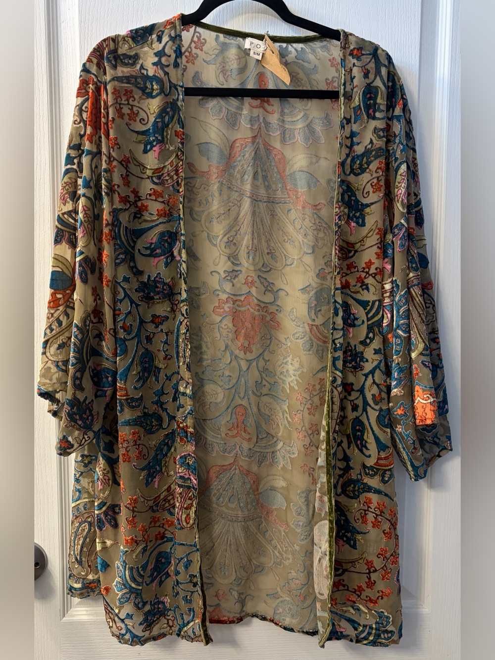 POL Beige Floral Burnout Velvet Kimono Jacket with Teal & Coral Accents Sz S/M